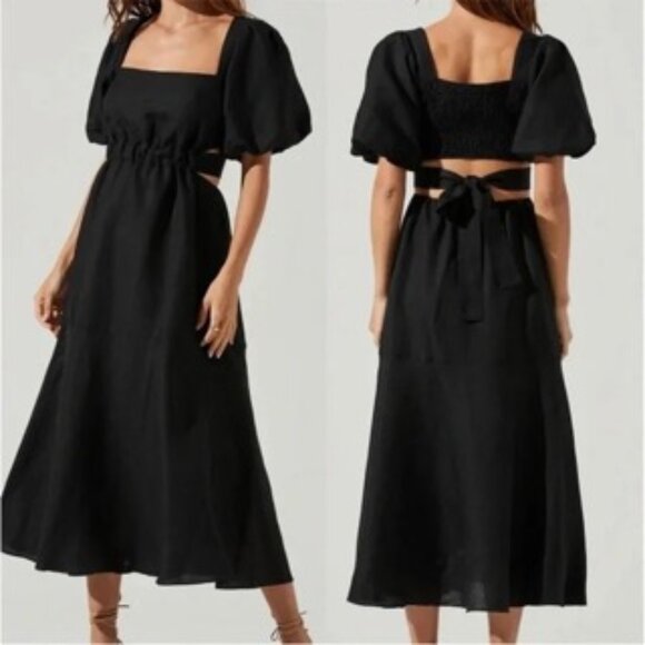 Astr The Label Black Cutout Puff Sleeve Linen Blend Midi Dress Size XS - Picture 1 of 10